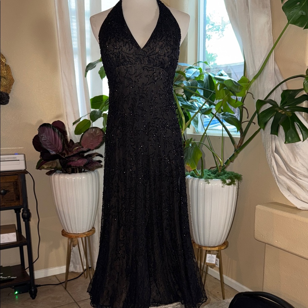 Carmen Marc Valvo Black Beaded Halter Gown